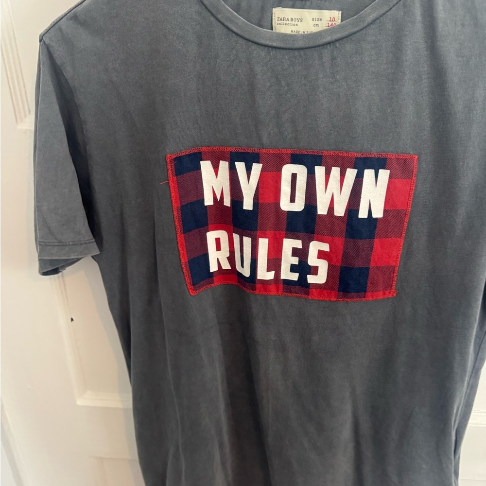 Zara kids Gray Tee with Red and Blue Plaid Graphic